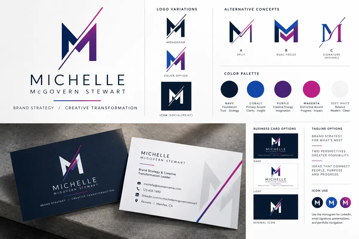 Brand board: the split-M logo, logo variations, alternative concepts, color palette, business cards and taglines