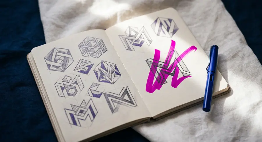 Sketchbook pages of geometric M monogram studies, one marked over in magenta