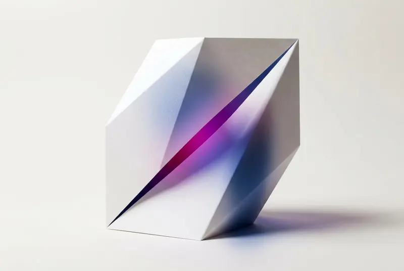 A folded paper sculpture with magenta light glowing through a diagonal cut