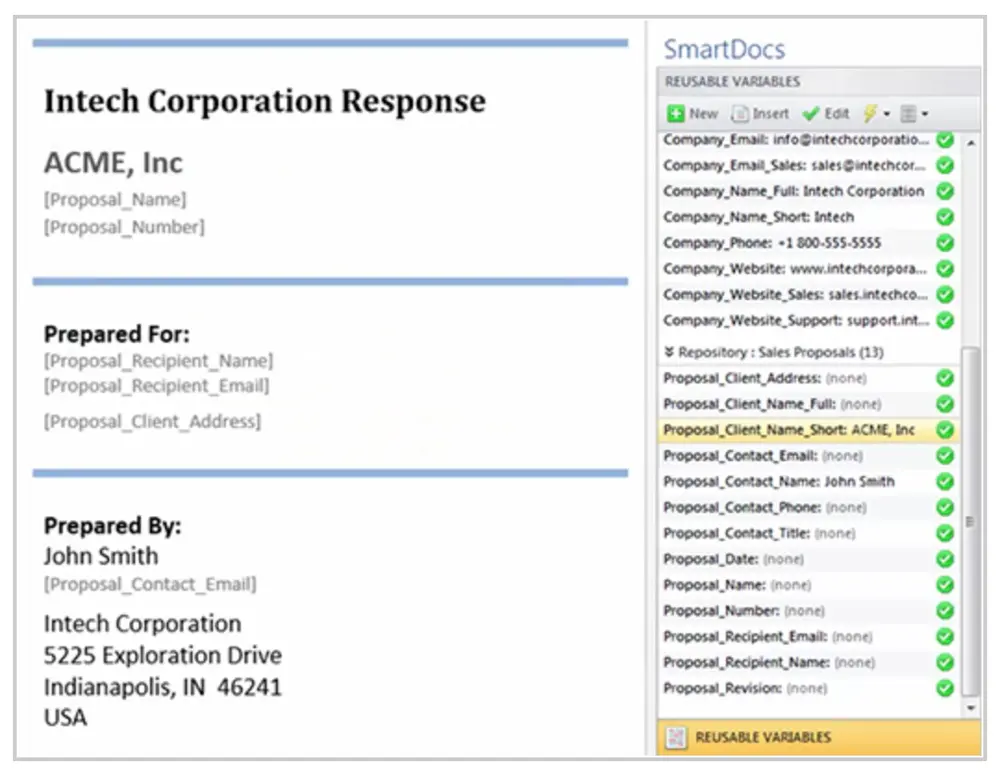SmartDocs, the proposal automation I established: client names, contacts and proposal details fill in from reusable variables. Shown with sample data.